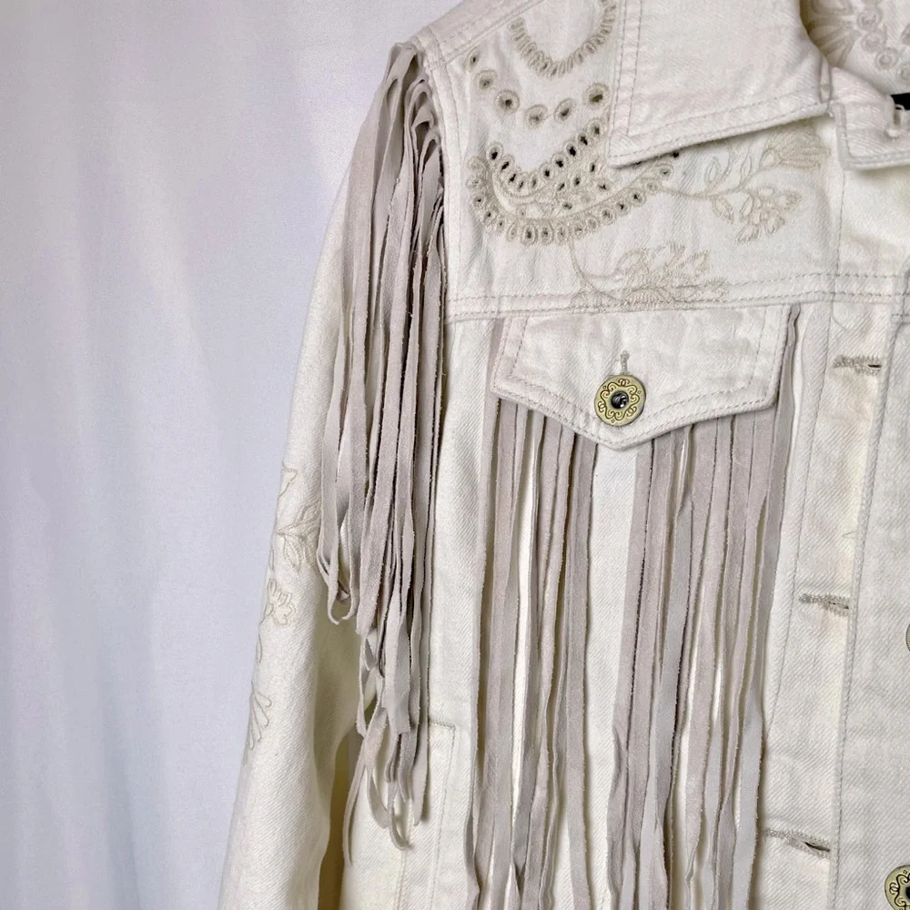 Scully Western Style Cream Jean Jacket with Suede Fringe - Picture 8 of 9